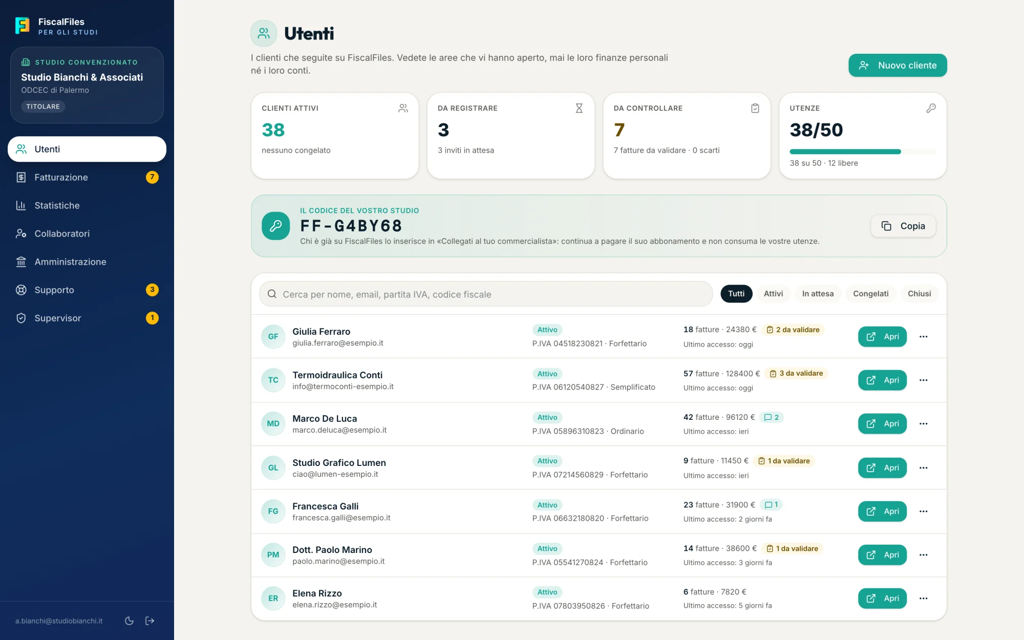The practice panel in FiscalFiles: the client list with invoices, items to check and last access