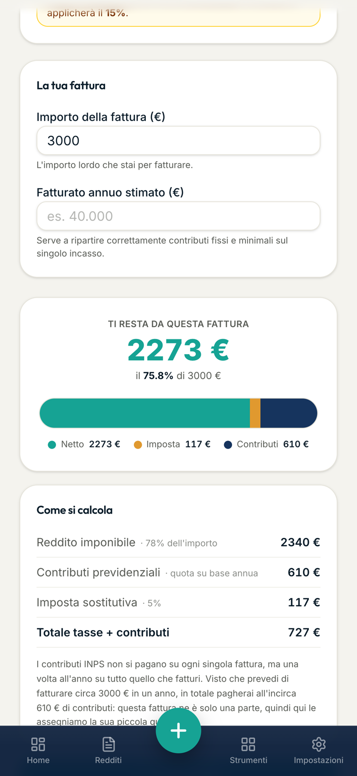 Il simulatore di FiscalFiles: su una fattura da 3.000 € ti restano 2.273 €, con imposta e contributi separati